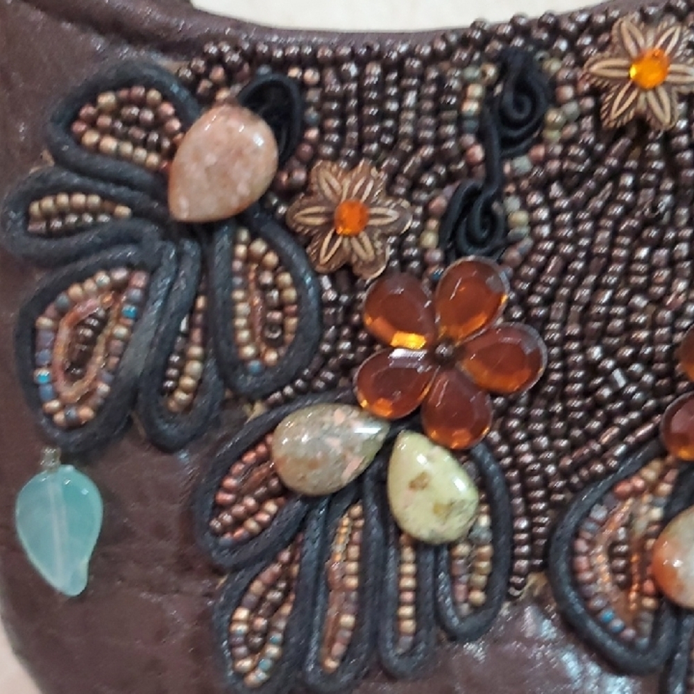 Mary Frances VINTAGE Brown Leathrr Embellished Beaded Shoulder Bag 8 X 4.5 - Picture 6 of 8